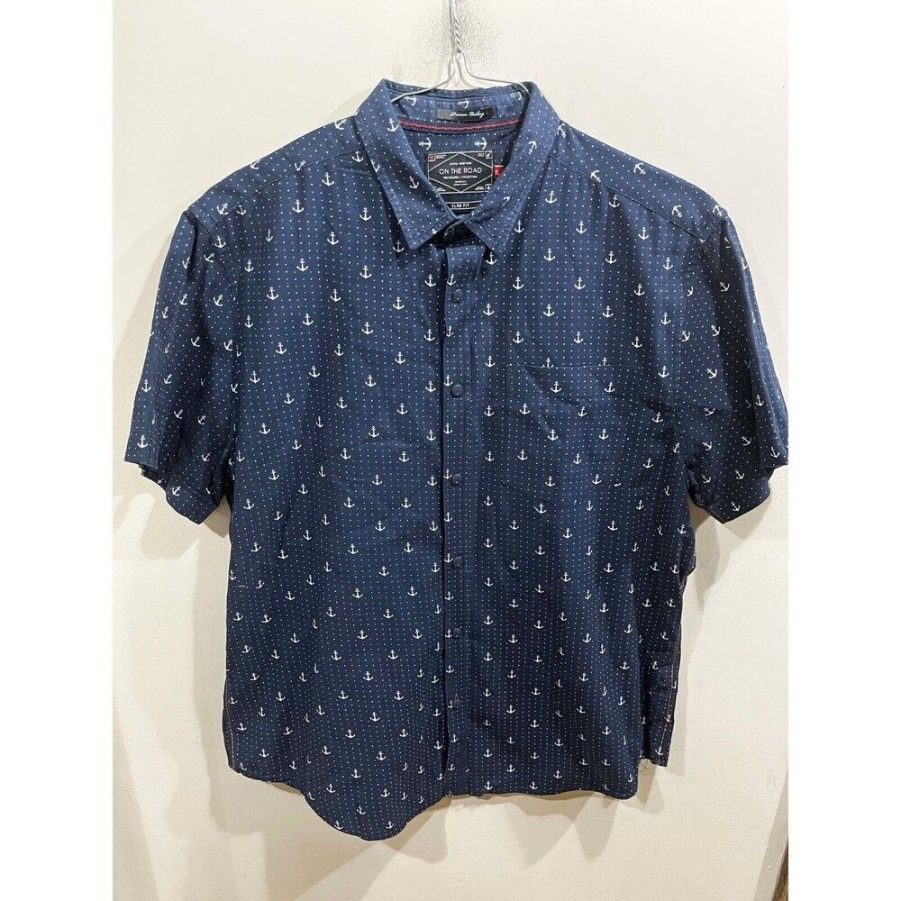 On The Road Shirt Mens XL Button Up Blue Nautical Anchor Print Slim Fit Casual